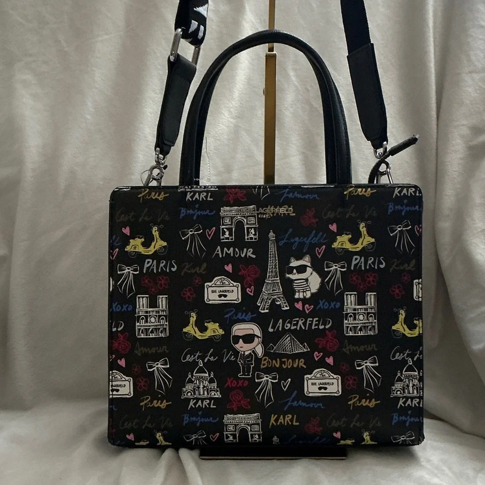 Karl Lagerfeld Black Paris Print Satchel with Multicolor Motifs